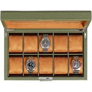 10 Slot Leather Watch Box - Luxury Case Display Jewelry Organizer - Locking Watch Display Case Holder with Large Glass Top - Box Organizer for Men and Women (Green/Tan) 10 Slot Leather Watch Box - Luxury Case Display Jewelry Organizer - Locking Watch Display Case Holder with Large Glass Top - Box Organizer for Men and Women (Green/Tan)