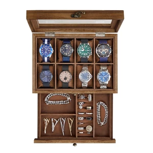 GISELLA Collection - 8-Slot Watch Box, 2-Tier Watch Display Case with Large Glass Lid, Removable Pillows, Velvet Lining, Jewelry Box, Gift Idea, Brown UJOW008K01 GISELLA Collection - 8-Slot Watch Box, 2-Tier Watch Display Case with Large Glass Lid, Removable Pillows, Velvet Lining, Jewelry Box, Gift Idea, Brown UJOW008K01