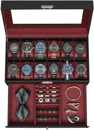 12-Slot Watch Box, Lockable with Glass Lid, 2 Layers Watch Case 12-Slot Watch Box, Lockable with Glass Lid, 2 Layers Watch Case