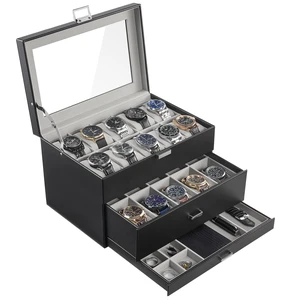 3-Layer Watch Box with Glass Lid for Men, 20-Slot, Black 3-Layer Watch Box with Glass Lid for Men, 20-Slot, Black