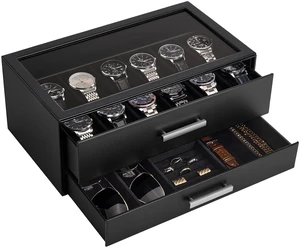 12-Slot Watch Case for Men, 2-Tier Pull-Out Drawers Box -Black 12-Slot Watch Case for Men, 2-Tier Pull-Out Drawers Box -Black