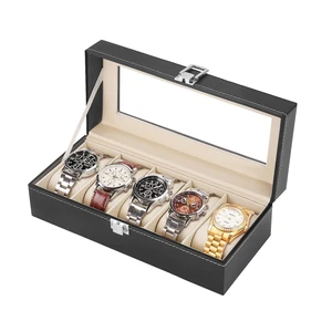 Watch Box Organizer for Men and Women - 5 Slot Watch Storage Box with Top Glass Display & Removable Pillows in Each Slot - Premium Watch Cases for Men Made with PU Leather Watch Box Organizer for Men and Women - 5 Slot Watch Storage Box with Top Glass Display & Removable Pillows in Each Slot - Premium Watch Cases for Men Made with PU Leather