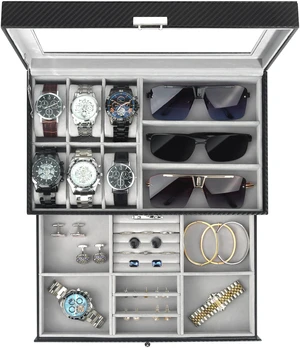 Jewelry Box for Men, 6 Slot Watch Box Jewelry Organizer With Drawer, Watch Case for Men with Large Window, 2-Layer Watch Holder, Sunglasses Storage Organizer, Velvet Lining, Fathers Day Gift Jewelry Box for Men, 6 Slot Watch Box Jewelry Organizer With Drawer, Watch Case for Men with Large Window, 2-Layer Watch Holder, Sunglasses Storage Organizer, Velvet Lining, Fathers Day Gift