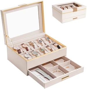 Watch Case for Women, Valentine Gifts, 10 Slot Watch Display Case with Drawer, 2-Layer Womens Watch Box, 10 Watch Box Organizer, Jewelry and Watch Holder Storage Case with Glass Lid -Beige Watch Case for Women, Valentine Gifts, 10 Slot Watch Display Case with Drawer, 2-Layer Womens Watch Box, 10 Watch Box Organizer, Jewelry and Watch Holder Storage Case with Glass Lid -Beige