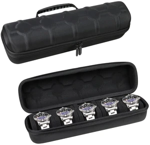 5 Slots Hard Watch Travel Case, Portable Nylon Zipper Storage Organizer Box for Men Women with Soft Compressible Foam Pillow Black 5 Slots Hard Watch Travel Case, Portable Nylon Zipper Storage Organizer Box for Men Women with Soft Compressible Foam Pillow Black