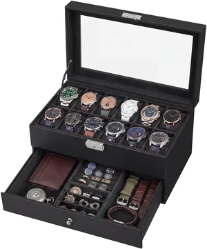 Watch Box, PU Watch Case Organizer with Glass Lid, Removable Pillows, Metal Clasp, 12 Slots, Black Watch Box, PU Watch Case Organizer with Glass Lid, Removable Pillows, Metal Clasp, 12 Slots, Black