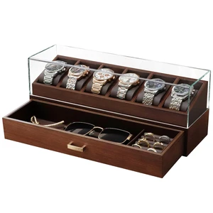 High End Wooden Watch Box with 6 Slots & Glass Lid - 2-Layer Jewelry Organizer for Men - Watch Display Case, Ideal Business Gift for Watch Enthusiasts with Gift Box, Walnut High End Wooden Watch Box with 6 Slots & Glass Lid - 2-Layer Jewelry Organizer for Men - Watch Display Case, Ideal Business Gift for Watch Enthusiasts with Gift Box, Walnut