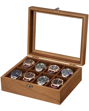 8 Slot Wooden Watch Display Case With Glass Lid, Organizer 8 Slot Wooden Watch Display Case With Glass Lid, Organizer