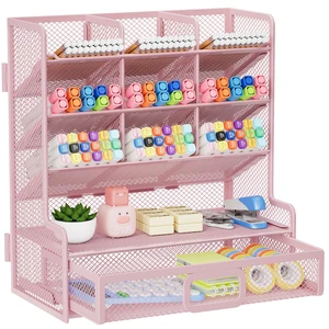 Larger Mesh Desk Organizer with Drawer, Multi-Functional Pen Pencil Holder, Easy Assembly, Desk Organizers and Accessories for Office Art Supplies (Pink) Larger Mesh Desk Organizer with Drawer, Multi-Functional Pen Pencil Holder, Easy Assembly, Desk Organizers and Accessories for Office Art Supplies (Pink)
