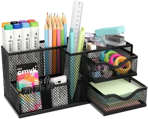 Mesh Desk Organizer with 2 Drawers and 5 Compartments, Pen Holder for Desk | Versatile Storage for Pens, Notes, Clips, Desk Accessories and Office Supplies for School Office Classroom Mesh Desk Organizer with 2 Drawers and 5 Compartments, Pen Holder for Desk | Versatile Storage for Pens, Notes, Clips, Desk Accessories and Office Supplies for School Office Classroom