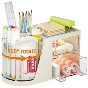 Desk Organizer with 2 Drawer, 360°Rotating Pen Holder, Desk Organizers and Accessories with 6 Slots Pencil Organizer + 2 Drawer, Art Supply Storage Box Caddy for Office (Beige) Desk Organizer with 2 Drawer, 360°Rotating Pen Holder, Desk Organizers and Accessories with 6 Slots Pencil Organizer + 2 Drawer, Art Supply Storage Box Caddy for Office (Beige)