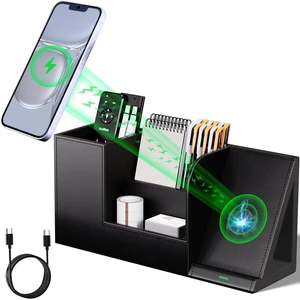 Pen Organizer with Phone Stand,Black Vegan Leather Desk Organizers with Remote Control Holder,Pencil Holder for Desk,Desk Organizer with Phone Charger for Office/Nightstand/Endtable Pen Organizer with Phone Stand,Black Vegan Leather Desk Organizers with Remote Control Holder,Pencil Holder for Desk,Desk Organizer with Phone Charger for Office/Nightstand/Endtable