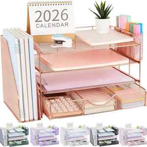 Desk Organizers and Accessories with File Holder, 4-Tier Desk Accessories & Workspace Organizers with Drawer and 2 Pen Holder, Paper Organizer for Office Supplies (Rose Gold) Desk Organizers and Accessories with File Holder, 4-Tier Desk Accessories & Workspace Organizers with Drawer and 2 Pen Holder, Paper Organizer for Office Supplies (Rose Gold)