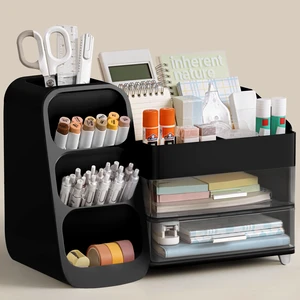 Desk Organizer with Pen Pencil Holder for Desk, Pen Organizer with 2 Drawers, Desk Organizers and Accessories with 4 Compartments, Desktop Storage for Office Home School Art Supplies, Black Desk Organizer with Pen Pencil Holder for Desk, Pen Organizer with 2 Drawers, Desk Organizers and Accessories with 4 Compartments, Desktop Storage for Office Home School Art Supplies, Black