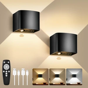 Motion Sensor Wall Light with Remote Control, 5000mAh Rechargeable Battery Powered Wall Lamps, Dimmable 2700-6500K, Adjustable Beam Angle, Black Up and Down Wireless Wall Sconce for Bedroom, 2-Pack Motion Sensor Wall Light with Remote Control, 5000mAh Rechargeable Battery Powered Wall Lamps, Dimmable 2700-6500K, Adjustable Beam Angle, Black Up and Down Wireless Wall Sconce for Bedroom, 2-Pack