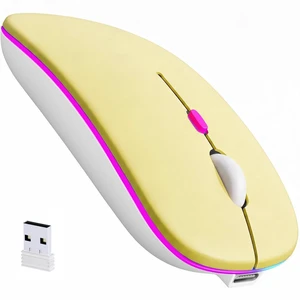Rechargeable Wireless Mouse with 7-Color LED, Yellow | Dual Mode Bluetooth 5.2 + 2.4G USB Receiver, Slim Portable Cordless Mouse for Laptop, iPad, Mac, Chromebook Rechargeable Wireless Mouse with 7-Color LED, Yellow | Dual Mode Bluetooth 5.2 + 2.4G USB Receiver, Slim Portable Cordless Mouse for Laptop, iPad, Mac, Chromebook