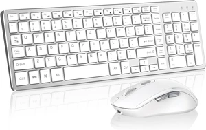 Quiet Ergonomic 2.4G Rechargeable Keyboard Mouse Set | Slim silver white combo with number pad, USB 2.4G receiver, rechargeable, fits Windows laptop & desktop computer Quiet Ergonomic 2.4G Rechargeable Keyboard Mouse Set | Slim silver white combo with number pad, USB 2.4G receiver, rechargeable, fits Windows laptop & desktop computer