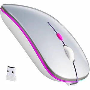 Rechargeable Wireless Mouse with 7-Color LED, Silvery | Dual Mode Bluetooth 5.2 + 2.4G USB Receiver, Slim Portable Cordless Mouse for Laptop, iPad, Mac, Chromebook Rechargeable Wireless Mouse with 7-Color LED, Silvery | Dual Mode Bluetooth 5.2 + 2.4G USB Receiver, Slim Portable Cordless Mouse for Laptop, iPad, Mac, Chromebook