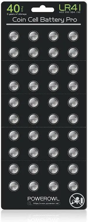 POWEROWL High Capacity LR41 Batteries 40 Pack, AG3 L736 392 384 192 Premium Alkaline Battery 1.5V Button Coin Cell Batteries POWEROWL High Capacity LR41 Batteries 40 Pack, AG3 L736 392 384 192 Premium Alkaline Battery 1.5V Button Coin Cell Batteries