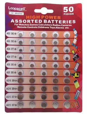 Loopacell High Power Super Alkaline Button Cell Assorted 1.5V Battery AG3/LR41 AG4/LR626 AG5/LR754 AG10/LR1130 AG13/LR44,50 Count (Pack of 1) Loopacell High Power Super Alkaline Button Cell Assorted 1.5V Battery AG3/LR41 AG4/LR626 AG5/LR754 AG10/LR1130 AG13/LR44,50 Count (Pack of 1)