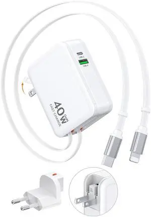 Retractable 40W USB-C Charger Block with European Travel Plug Adapter, 4-in-1 Fast Charger with Built-in USB-C & Lightning Cables, EU Travel Essentials for iPhone 17/16/15/14, iPad, Samsung, Pixel Retractable 40W USB-C Charger Block with European Travel Plug Adapter, 4-in-1 Fast Charger with Built-in USB-C & Lightning Cables, EU Travel Essentials for iPhone 17/16/15/14, iPad, Samsung, Pixel
