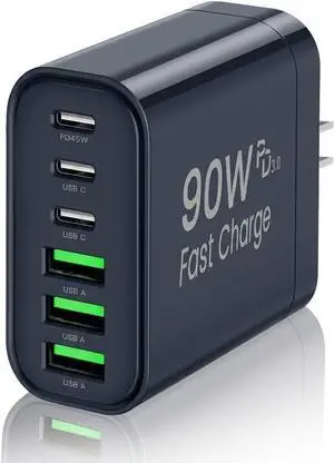 90W GaN USB C Charger Block,6-Port USB C Wall Charger Fast Charging 45W PD Power Adapter for iPhone 17Pro Max/Samsung Galaxy S24 Ultra/Tabs/MacBook Air/iPad Pro for Home Travel 90W GaN USB C Charger Block,6-Port USB C Wall Charger Fast Charging 45W PD Power Adapter for iPhone 17Pro Max/Samsung Galaxy S24 Ultra/Tabs/MacBook Air/iPad Pro for Home Travel