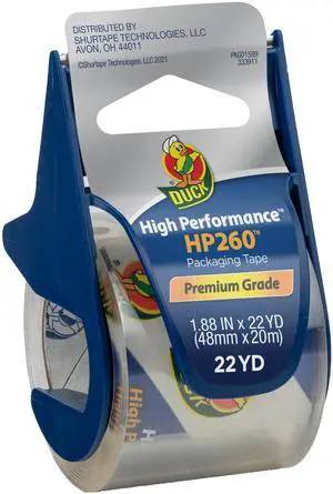 Duck Brand High Performance Packaging Tape with Dispenser - HP260 Strong Packaging Tape Gun for Shipping, Moving, Mailing & Boxes - 1.88 Inches x 22.2 Yards - 1.5" Core - Clear (920352) Duck Brand High Performance Packaging Tape with Dispenser - HP260 Strong Packaging Tape Gun for Shipping, Moving, Mailing & Boxes - 1.88 Inches x 22.2 Yards - 1.5" Core - Clear (920352)