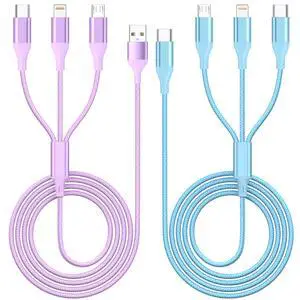 3 in 1 Multi Charging Cable for Multiple Devices Fast Charge cord 2Pack 4FT | ,MFI Certified Universal Phone Charger with Type C/Micro USB/IP for iPhone17-5 iPad Android Purple/Blue 3 in 1 Multi Charging Cable for Multiple Devices Fast Charge cord 2Pack 4FT | ,MFI Certified Universal Phone Charger with Type C/Micro USB/IP for iPhone17-5 iPad Android Purple/Blue