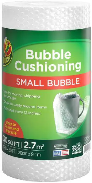 Duck Brand Small Bubble Cushioning Wrap for Moving & Shipping - 30 FT Bubble Packing Wrap for Extra Protection Packaging Boxes & Mailers - Clear Bubble Roll Moving Supplies, Perforated Every 12 IN Duck Brand Small Bubble Cushioning Wrap for Moving & Shipping - 30 FT Bubble Packing Wrap for Extra Protection Packaging Boxes & Mailers - Clear Bubble Roll Moving Supplies, Perforated Every 12 IN