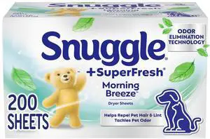Snuggle SuperFresh Dryer Sheets, 200 Count, Morning Breeze | Long-Lasting Fresh Clean Scent, Odor-Eliminating formula, Softens, Reduces Static and Wrinkles, Repels Lint & Pet Hair. Snuggle SuperFresh Dryer Sheets, 200 Count, Morning Breeze | Long-Lasting Fresh Clean Scent, Odor-Eliminating formula, Softens, Reduces Static and Wrinkles, Repels Lint & Pet Hair.