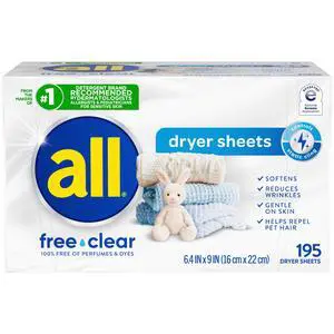 all free clear Fabric Softener Dryer Sheets for Sensitive Skin, 195 Count | Dye free, dermatologist tested, fragrance free, controls static cling, reduces wrinkles, HE compatible all free clear Fabric Softener Dryer Sheets for Sensitive Skin, 195 Count | Dye free, dermatologist tested, fragrance free, controls static cling, reduces wrinkles, HE compatible