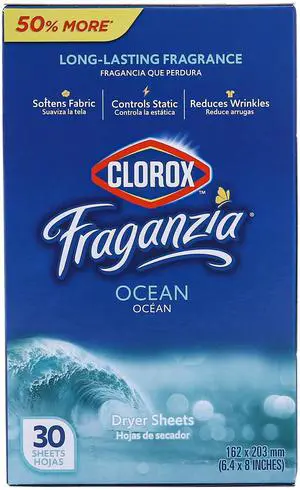 Clorox Fraganzia Fabric Softener Dryer Sheets, Ocean Scent, 30 Count | Wrinkle-reducing, anti-static formula, softens fabrics, fresh scent, for home, dorm, and laundry use Clorox Fraganzia Fabric Softener Dryer Sheets, Ocean Scent, 30 Count | Wrinkle-reducing, anti-static formula, softens fabrics, fresh scent, for home, dorm, and laundry use