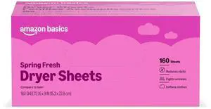 Amazon Basics Dryer Sheets Laundry Fabric Softener, Spring Fresh Scent, Reduces Static, Static Control, 160 Count Amazon Basics Dryer Sheets Laundry Fabric Softener, Spring Fresh Scent, Reduces Static, Static Control, 160 Count