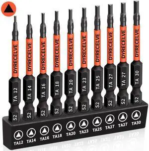 DYRECELVE 10-Pack Triangle Screwdriver, 2.56-In Magnetic Triangle Bit Set | Triangle Screwdriver Bits, S2 Steel, 1/4 Hex Shank, Sizes: TA12, TA14, TA16, TA18, TA20, TA23, TA25, TA27 (x2), TA30 DYRECELVE 10-Pack Triangle Screwdriver, 2.56-In Magnetic Triangle Bit Set | Triangle Screwdriver Bits, S2 Steel, 1/4 Hex Shank, Sizes: TA12, TA14, TA16, TA18, TA20, TA23, TA25, TA27 (x2), TA30