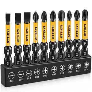 DTTIYXI Magnetic Screwdriver Bit Set, 10 PCS, 2 in, 1/4 in Hex, PH/PZ/SL | S2 steel. Phillips PH1, PH2 x2, PH3. Pozidriv PZ1-PZ3. Slotted flat head SL4-SL6. Hex shank for power drills/impact drivers DTTIYXI Magnetic Screwdriver Bit Set, 10 PCS, 2 in, 1/4 in Hex, PH/PZ/SL | S2 steel. Phillips PH1, PH2 x2, PH3. Pozidriv PZ1-PZ3. Slotted flat head SL4-SL6. Hex shank for power drills/impact drivers