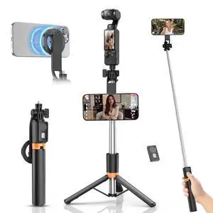 Magnetic Selfie Stick Tripod with 1/4" Camera Mount, Dual Device Phone & Camera Setup, Portable Content Creator Stand with Remote Control Phone Tripod for TikTok Live Streaming Travel Video Recording Magnetic Selfie Stick Tripod with 1/4" Camera Mount, Dual Device Phone & Camera Setup, Portable Content Creator Stand with Remote Control Phone Tripod for TikTok Live Streaming Travel Video Recording