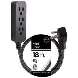 Cordinate Mini 3-Outlet Power Strip, 18 in Braided Extension Cord | Grounded Adapter, Low-Profile Flat Plug, ETL Listed, Black/Dark Heather, 47298 Cordinate Mini 3-Outlet Power Strip, 18 in Braided Extension Cord | Grounded Adapter, Low-Profile Flat Plug, ETL Listed, Black/Dark Heather, 47298