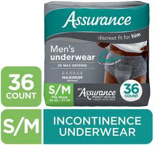 Assurance Men's Incontinence Underwear, S/M, Maximum Absorbency, 36 Count Assurance Men's Incontinence Underwear, S/M, Maximum Absorbency, 36 Count