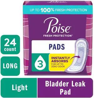 Poise Incontinence Pads for Women, 3 Drop Light Absorbency, Long Length, 24 Count Poise Incontinence Pads for Women, 3 Drop Light Absorbency, Long Length, 24 Count
