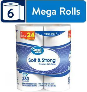 Great Value Soft & Strong Premium Toilet Paper, 6 Mega Rolls, 380 Sheets per Roll Great Value Soft & Strong Premium Toilet Paper, 6 Mega Rolls, 380 Sheets per Roll