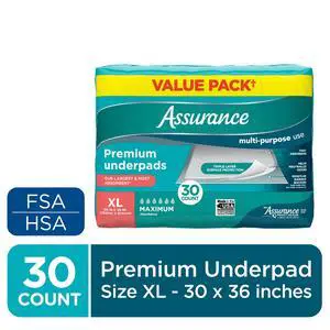 Assurance Unisex Premium Underpad for Adults, XL, Maximum Absorbency, 30 Count Assurance Unisex Premium Underpad for Adults, XL, Maximum Absorbency, 30 Count