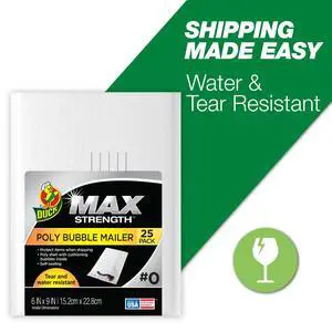 Duck Max Strength Self-Sealing Poly Bubble Mailer #0, 6" x 9", Solid White, 25 Pack Duck Max Strength Self-Sealing Poly Bubble Mailer #0, 6" x 9", Solid White, 25 Pack
