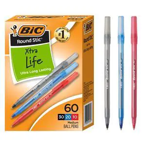 BIC Round Stic Xtra Life Assorted Ink Ballpoint Pens, Medium Point, 1.0mm, 60 Count BIC Round Stic Xtra Life Assorted Ink Ballpoint Pens, Medium Point, 1.0mm, 60 Count