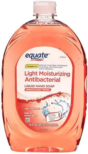 (2 pack) Equate Light Moisturizing Antibacterial Liquid Hand Soap, 50 fl oz, Compare to Softsoap® Crisp Clean Antibacterial Hand Soap with Moisturizers Active Ingredient (2 pack) Equate Light Moisturizing Antibacterial Liquid Hand Soap, 50 fl oz, Compare to Softsoap® Crisp Clean Antibacterial Hand Soap with Moisturizers Active Ingredient