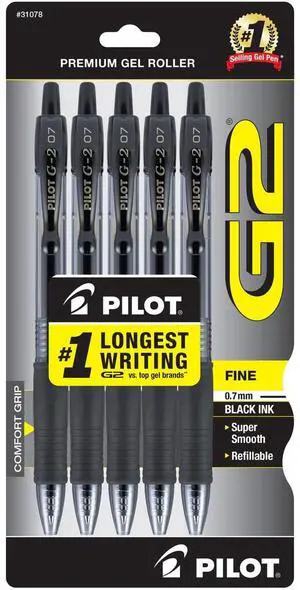 Pilot G2 Retractable Gel Ink Pens, Fine Point, 0.7mm. Black Ink, 5 Pack Pilot G2 Retractable Gel Ink Pens, Fine Point, 0.7mm. Black Ink, 5 Pack