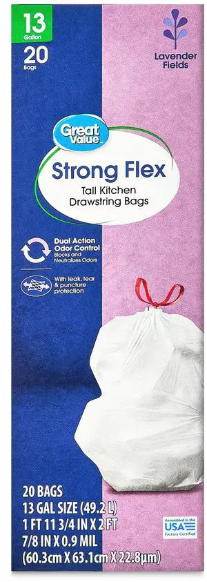 Great Value Strong Flex 13-Gallon Drawstring Tall Kitchen Trash Bags, Lavender Fields Scent, 20 Bags Great Value Strong Flex 13-Gallon Drawstring Tall Kitchen Trash Bags, Lavender Fields Scent, 20 Bags