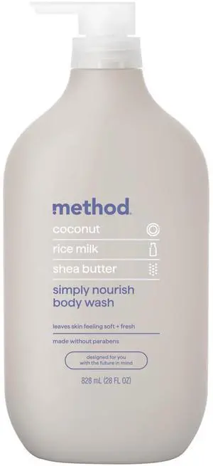 method Body Wash, Simply Nourish - Leaves Skin Feeling Soft & Moisturized, Made Without Parabens, Notes of Coconut, Rice Milk & Shea Butter, 28 Fl Oz method Body Wash, Simply Nourish - Leaves Skin Feeling Soft & Moisturized, Made Without Parabens, Notes of Coconut, Rice Milk & Shea Butter, 28 Fl Oz
