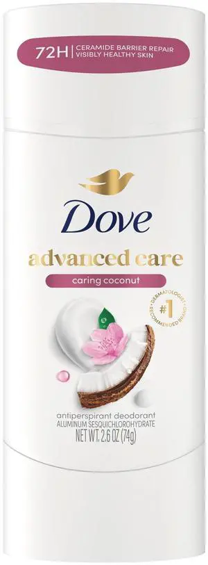 Dove Advanced Care Antiperspirant Deodorant Stick for Helping Repair Skin Barrier After Shaving, Caring Coconut with 72-Hour Sweat & Odor Protection, 2.6 oz Dove Advanced Care Antiperspirant Deodorant Stick for Helping Repair Skin Barrier After Shaving, Caring Coconut with 72-Hour Sweat & Odor Protection, 2.6 oz
