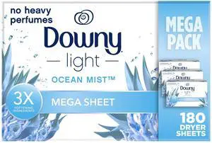Downy Light Mega Dryer Sheets, Fabric Softener Dryer Sheets, Ocean Mist, 180 Count Downy Light Mega Dryer Sheets, Fabric Softener Dryer Sheets, Ocean Mist, 180 Count