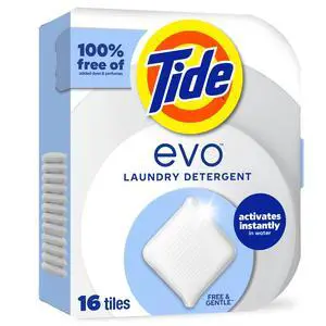 Tide Evo Free & Gentle Laundry Detergent Tiles, Works on 100% of Common Stains, Unscented, 16 Count Tide Evo Free & Gentle Laundry Detergent Tiles, Works on 100% of Common Stains, Unscented, 16 Count